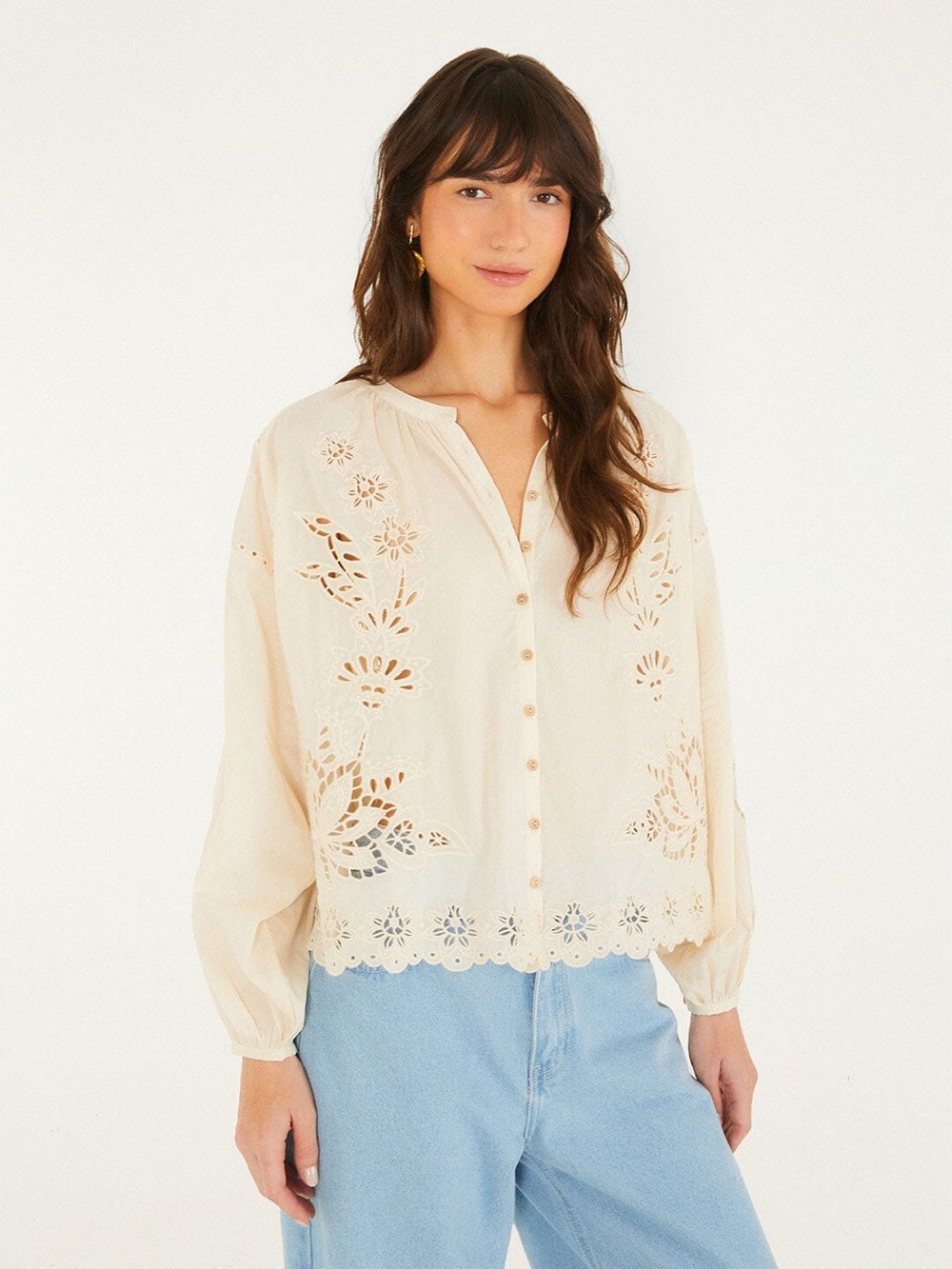 Farm Rio Soft Pink Artisanal Long Sleeve Blouse